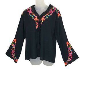 Misa Los Angeles Beautiful Black Embroidered Boho Blouse With Ties Size XS